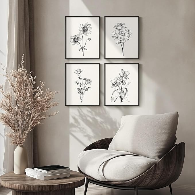 Framed Black and White Floral Wall Art