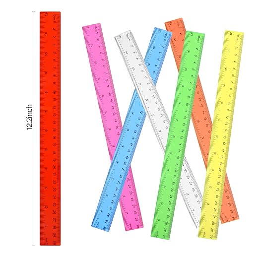 Unjoo Clear Plastic Ruler 12 Inch Straight Rulers, Bulk Assorted Colors, Shatterproof Ruler with Inches and Centimeters for School Classroom, Home, or Office (8 Pack)