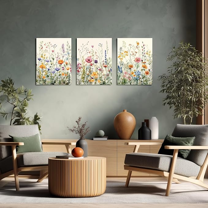 LLEEMPI Framed Watercolor Floral Wall Art Set of 3, Colorful Wildflower Wall