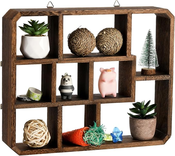 Frcctre Rustic Shadow Box Display Shelf, 9 Compartments Wood Hanging Display