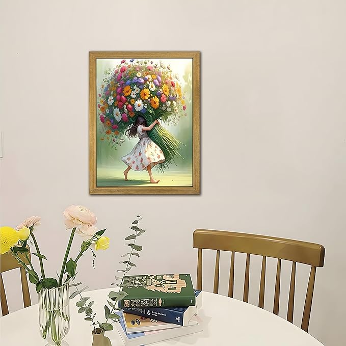 Wood Framed Pink Wildflower Canvas Wall Art, Girl Hugging Flowers Poster Prints