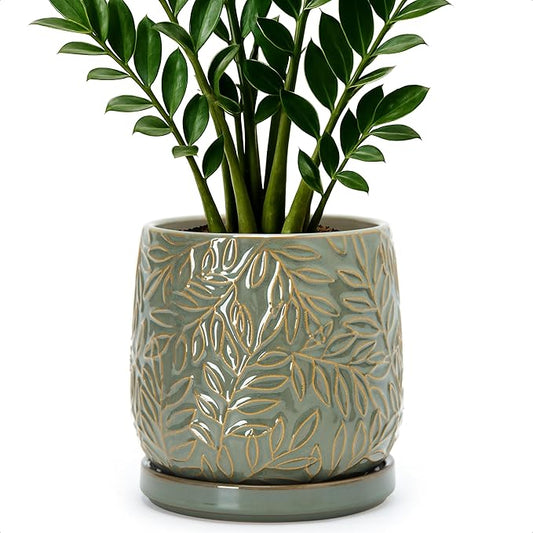 D'vine Dev 6 Inch Embossed Leaves Stoneware Planter Pot with Drainage Hole and Saucer, Olive, 27-A-X-0