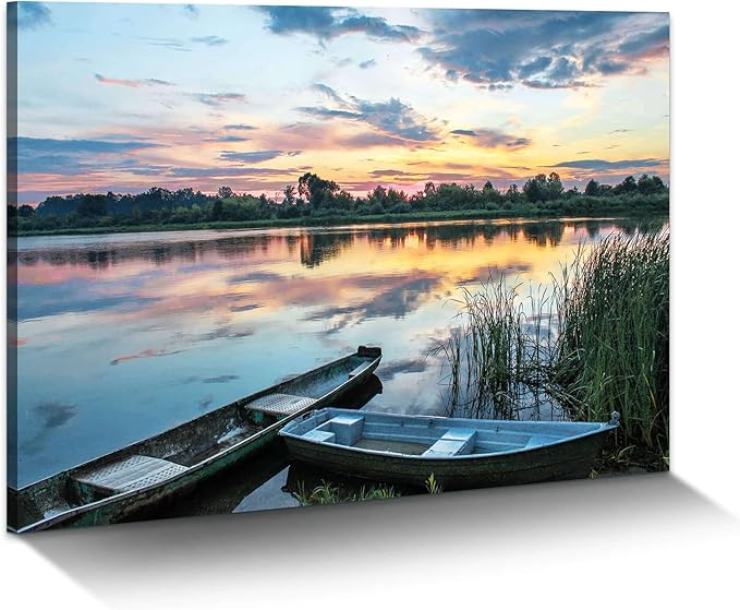 Lake Landscape Canvas Wall Art: Modern Colorful Sunset Scene Prints Nature Green Reed Boat Painting Wilderness Forest Shore Gallery Artwork Sunrise Skyline Scenery Picture for Bedroom Bathroom