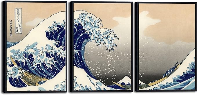 Wieco Art Black Framed Great Wave of Kanagawa Katsushika Hokusai 3 Piece Modern
