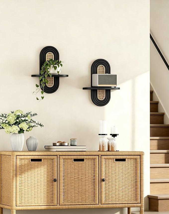 Floating Shelves for Wall, Boho Home Wall Decor, Rattan Plant Shelf Set of 2