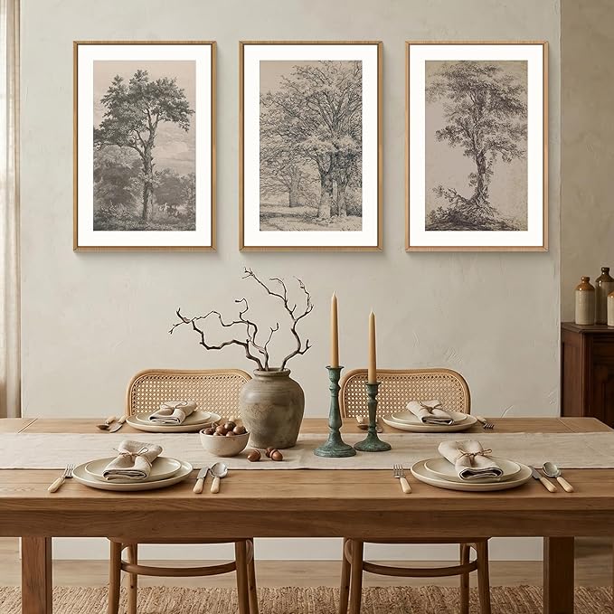 KAIRNE Vintage Tree Sketch Framed Canvas Wall Art Set, Antique Tree Drawings Wall Decor, Retro Forest Art Prints, Modern Nature Landscape Artwork for Living Room, Bedroom, Farmhouse, Office-16 x24 x3