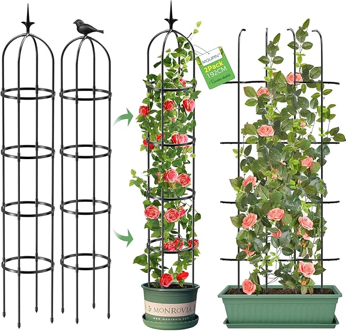 Tower Obelisk Garden Trellis for Climbing Plantï¼6.3FT/75.6" Rustproof Metal Potted Plant Climbing Support for Indoor Outdoor Flowers Vegetable Fruits Vines Support (2PCS)