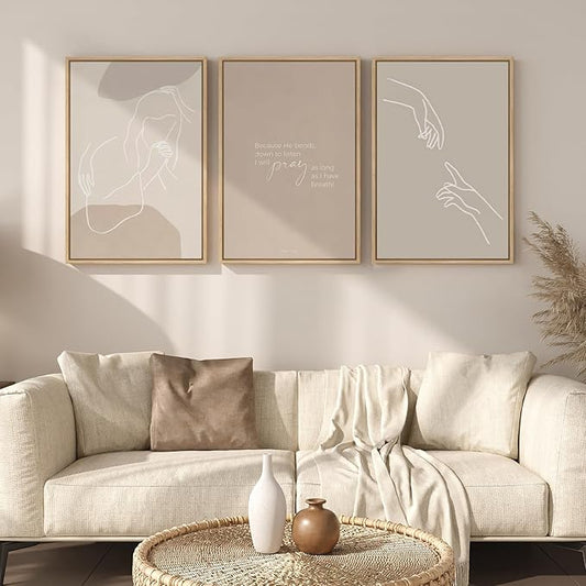 Framed Christian Wall Art Set of 3, Minimalist Neutral Beige Scripture Prints