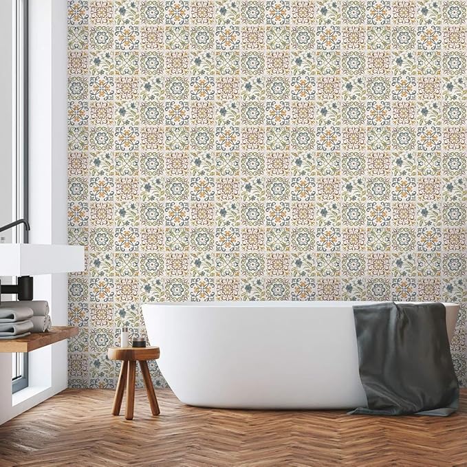 Wudnaye Bohemian Wallpaper Peel and Stick Faux Tile Contact Paper 17”×393” Tile