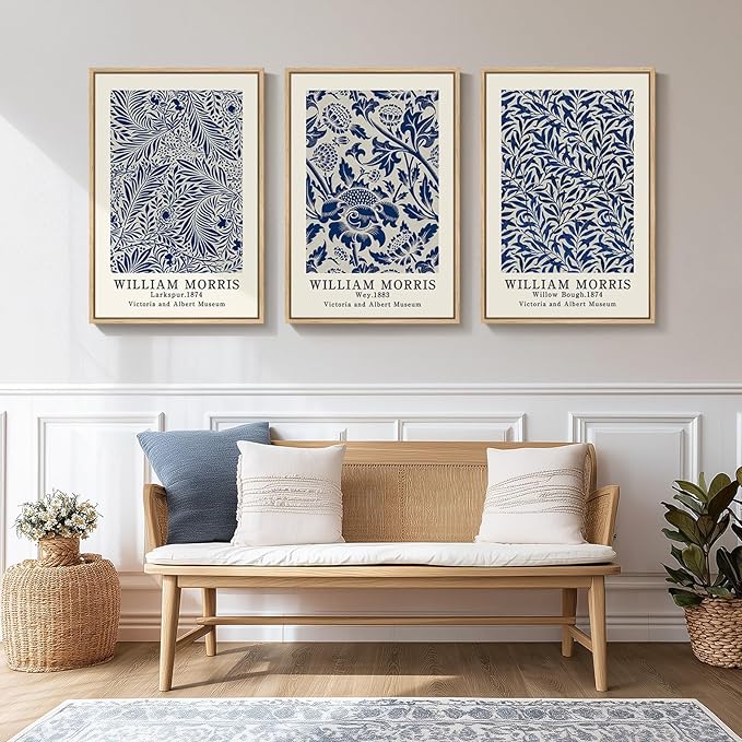 Framed Large William Morris Wall Art Set of 3, Vintage Blue Botanical Floral