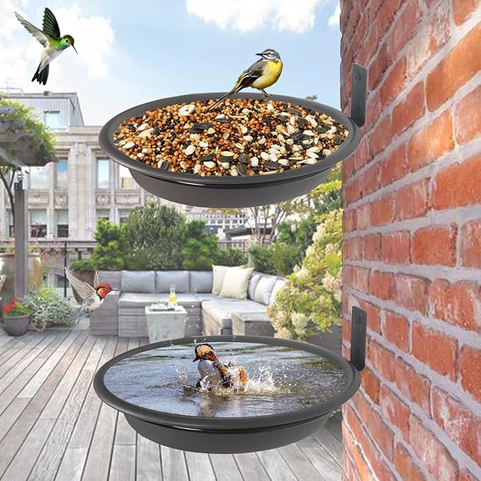 2 Bird Feeders Tree Mounted with Heavy Duty Sturdy Steel, 9.15” in Diameter×1.53" Deep Dark Brown Bird Bath Tray,Installed on Wooden Fences, Trees, Deck,Indoor and Outdoor Walls