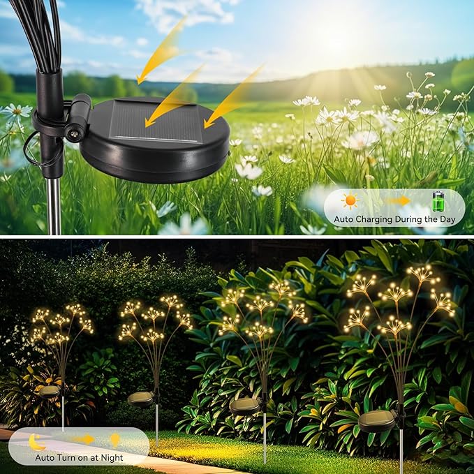 JJGoo Solar Garden Lights, New Upgraded 4 Pack Solar Swaying Starburst Light, Waterproof Fireworks Outdoor Lights, Yard Patio Pathway Decoration, Warm White