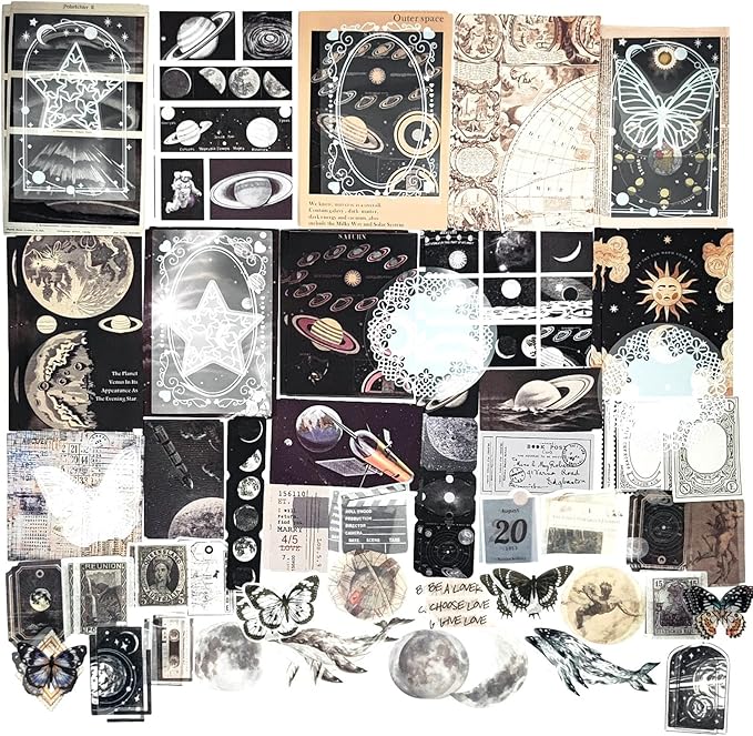Esweny 100 PCS Vintage Ephemera Pack Journaling Scrapbooking Supplies Scrapbook Sticker Paper Kit for Junk Journal Planners Collage Craft Notebooks Decoupage Album (Space)
