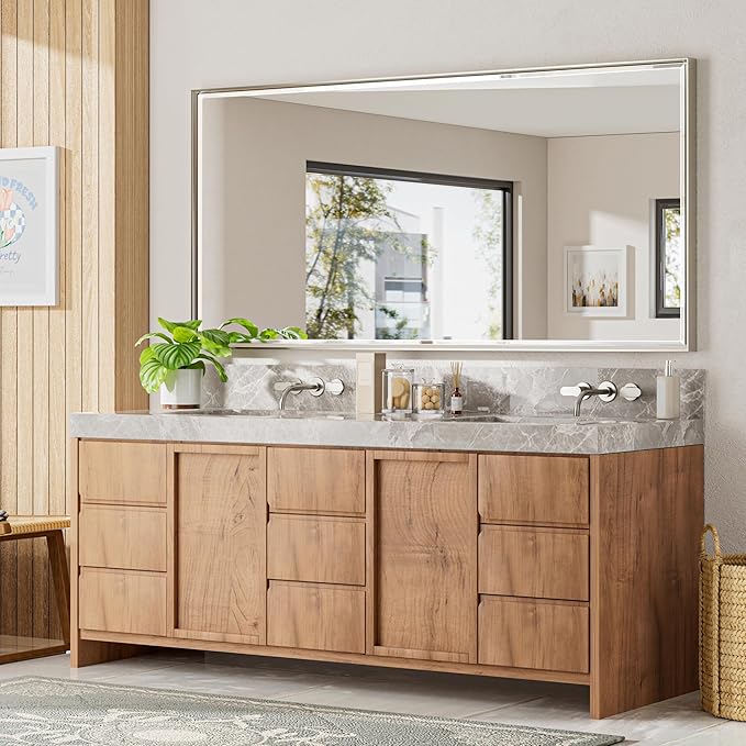 72 x 36 Brushed Nickel Bathroom Mirror, Beveled Framed Rectangle, Shatterproof