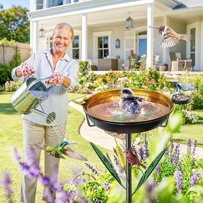 2-in-1 Bird Baths for Outside, 11.8” Diameter x 2” Deep Metal Removable Bird Feeder Water Bowl with Upgraded 5 Prongs Base, 33.5" Freestanding Garden Birdbaths for Outdoors Patio Yard Lawn Art Decor