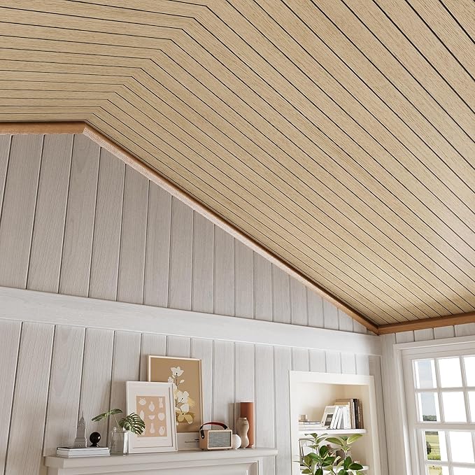 VEELIKE Light Oak Wood Wall Panels Peel and Stick Foam Slat Wallpaper