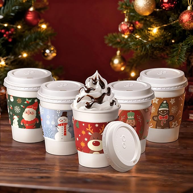 Fit Meal Prep 50 Pack 12 oz Christmas Disposable Coffee Cups with Lids, Sleeves, Leak-Proof To Go Coffee Cups with Lids, Durable Holiday Hot Paper Cups for Home, Office, Party, Business