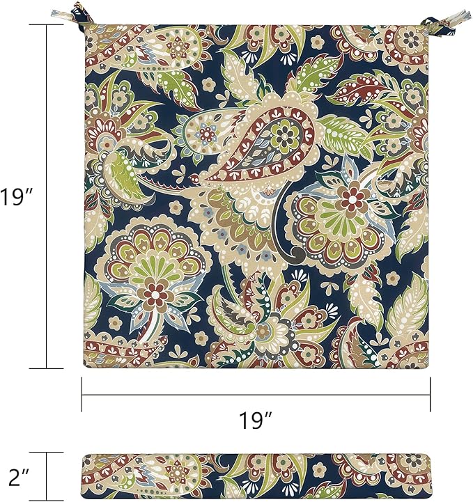 LVTXIII Outdoor Seat Cushions Set of 2 Square Chair Cushions with Ties, Patio Chair Pads for Home Office and Patio Garden Furniture Decoration 19"x19"x2", ‌Paisley Sapphire Blue