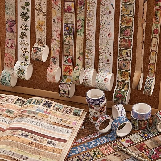 42 Rolls Vintage Washi Tape Set, Floral Letter Butterfly Mushroom Botanical Flower Writable Decorative Tapes for Scrapbooking , Junk Journal Supplies, Bullet Journaling 5-75mm Wide 9.84ft long/Roll