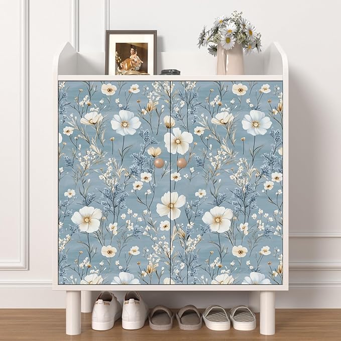 Laatse Blue Floral Peel and Stick Wallpaper White Botanical Contact Paper