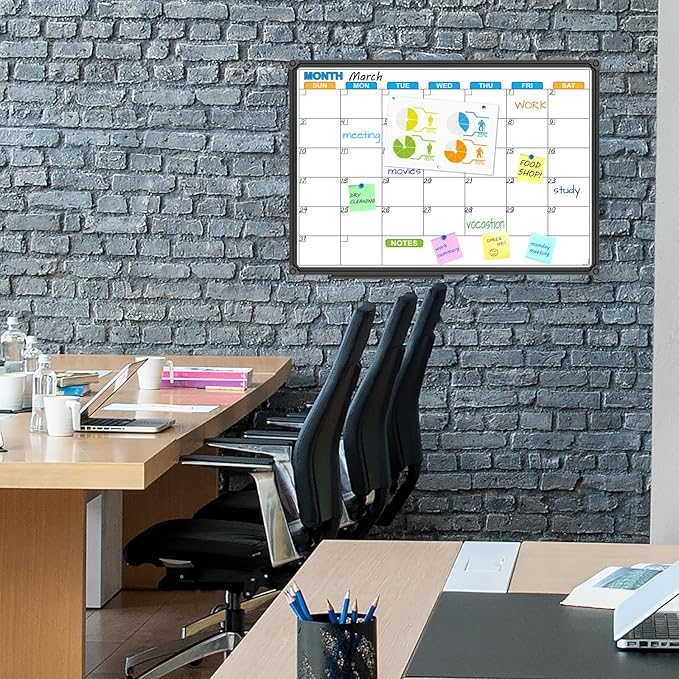 JILoffice Dry Erase Calendar Whiteboard - Magnetic White Board Calendar Monthly 24 X 18 Inch, Black Aluminium Frame Wall Mounted Board for Office Home and School