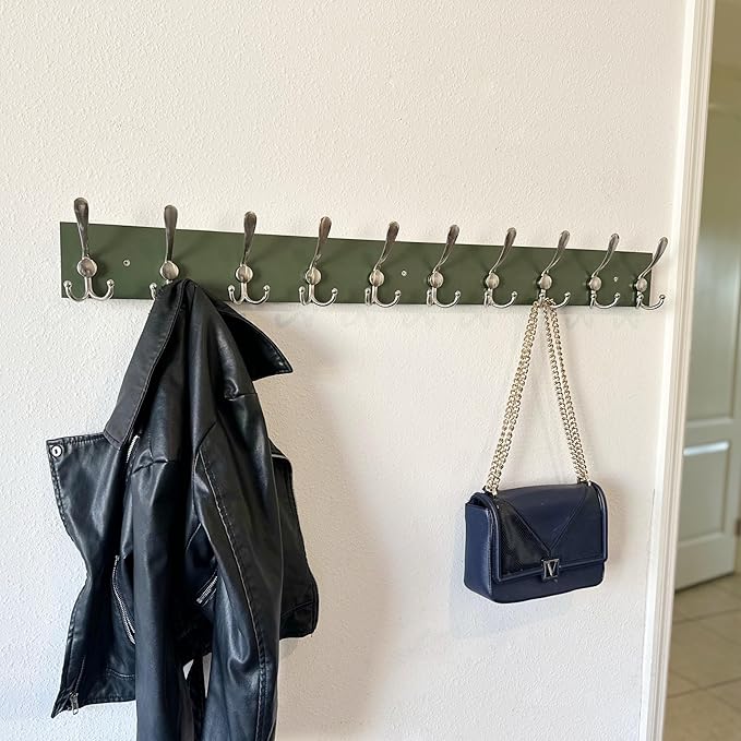 SKOLOO Creations Forest Green Solid Wood Wall Mounted Coat Rack, 10 Hooks