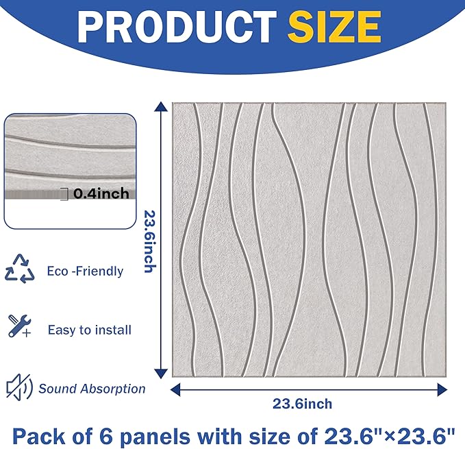 6 PCS Acoustic Panels, 23.6x23.6'' Self-Adhesive Soundproof Wall Panels