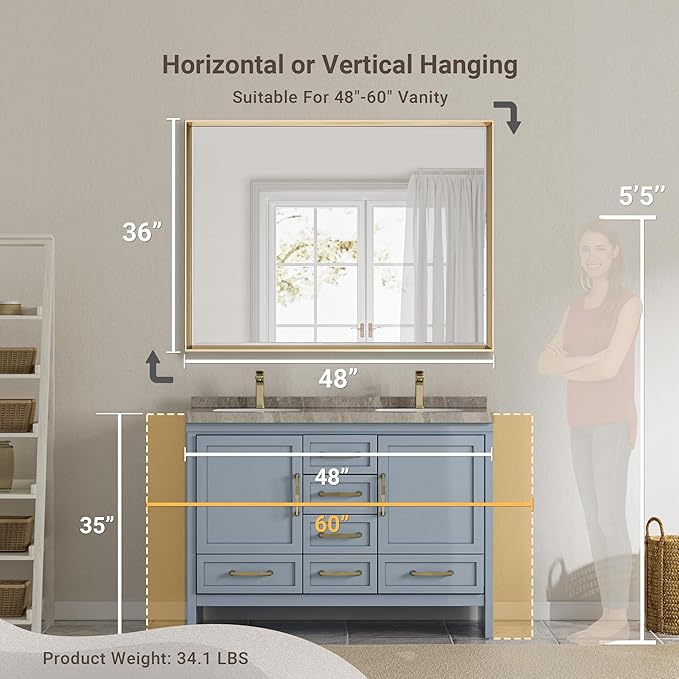 48 x 36 Gold Bathroom Mirror, Brushed Gold Beveled Bathroom Mirror,