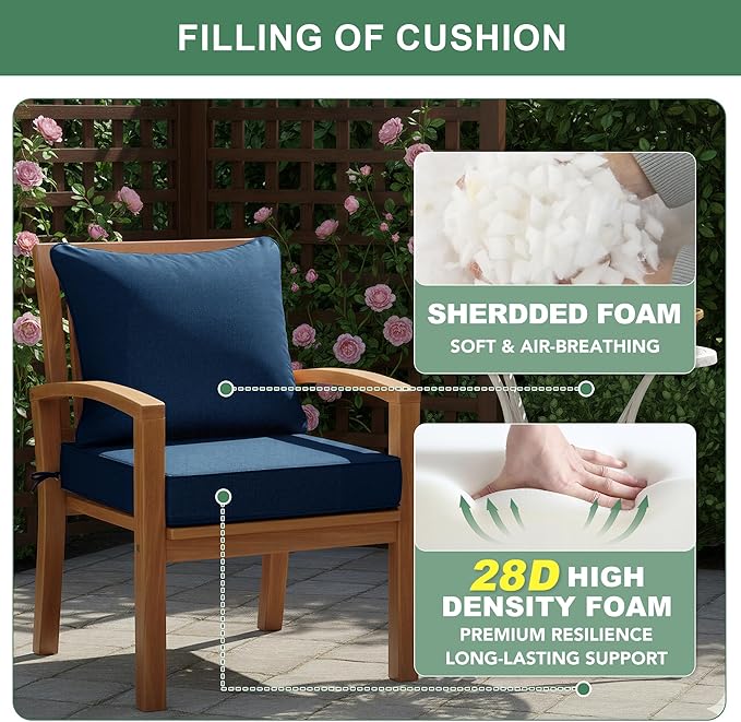Summsun Outdoor Chair Cushions, Faux Linen Backrest and Deep Seat Cushion Set for Patio Furniture with Weather Resistant Removable Cover, Ties, Non-Slip Bottom, 24 x 24 Inch, Navy