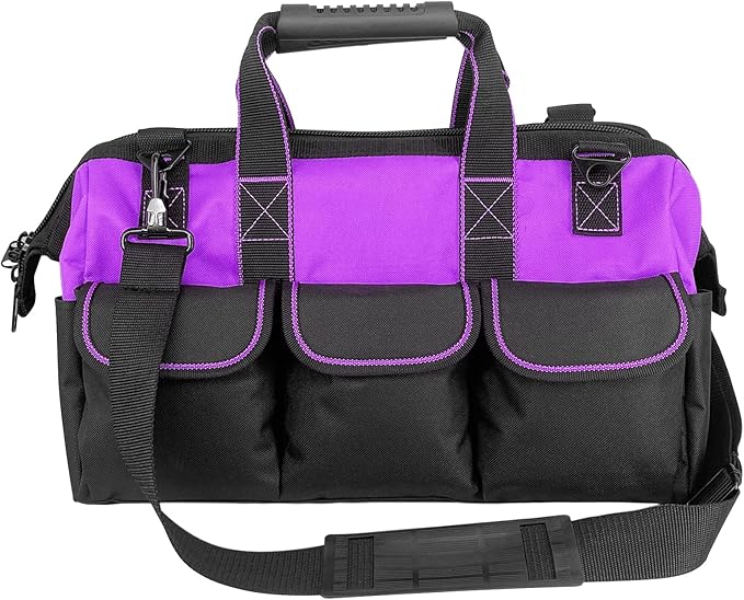 Garden Tools Bag 16 inch Wide Mouth Tool Bag with Molded Base Tool Tote for Women, Heavy Duty,600D polyester fabric (Purple color)