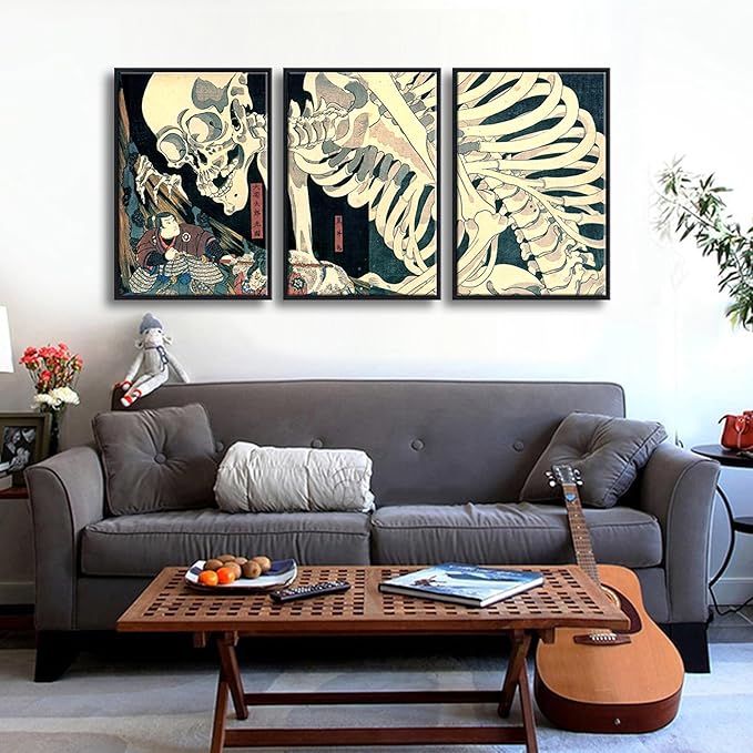 Wieco Art Black Framed 3 Piece Witch and Skeleton Ukiyo-E by Utagawa Takiyasha