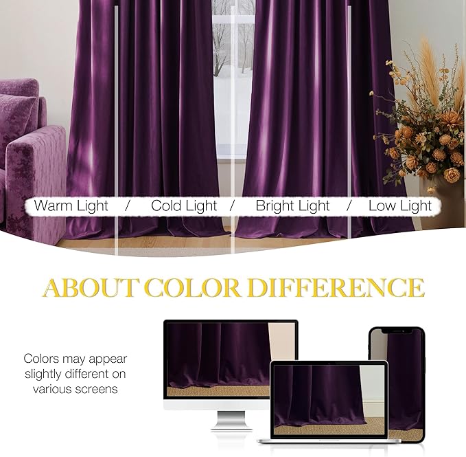 NICETOWN Blackout Purple Gothic Velvet Curtains 96 inch Long, Dark Purple