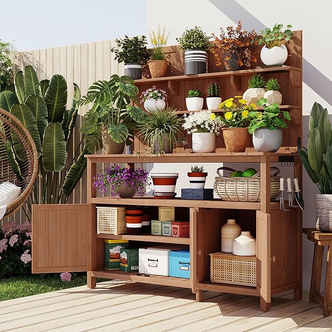 Christopher Knight Home Belfast 50.20" W Outdoor Potting Bench Table, Fir Wood Potting Table, Large Gardening Workstation with Storage Shelf, Ample Space Garden Tools Organizer for Backyard, Natural