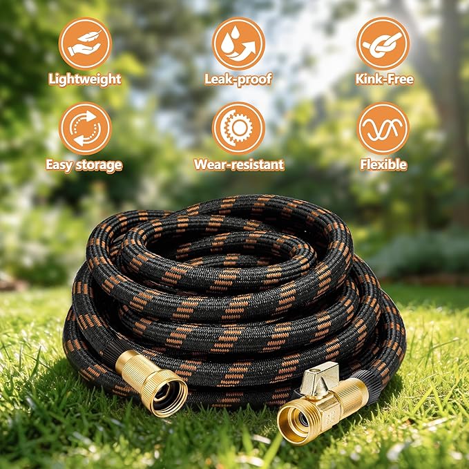 Flexible Garden Hose 100 FT, Ultra Lightweight Water Hoses w/10 Function Sprayer and 3/4" Brass Fittings, Kink-Free, Sturdy, Abrasion Resistant for Yard, Lawn, Outdoor and Gardening(Black Orange)