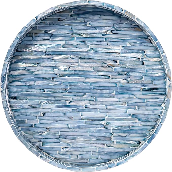 PEMAR 12.6â Mother of Pearls Lacquer Inlaid Round Serving Tray with Handles, Round Decorative Nacred Wooden Ottoman Coffee Table Tray (Blue Tiles)