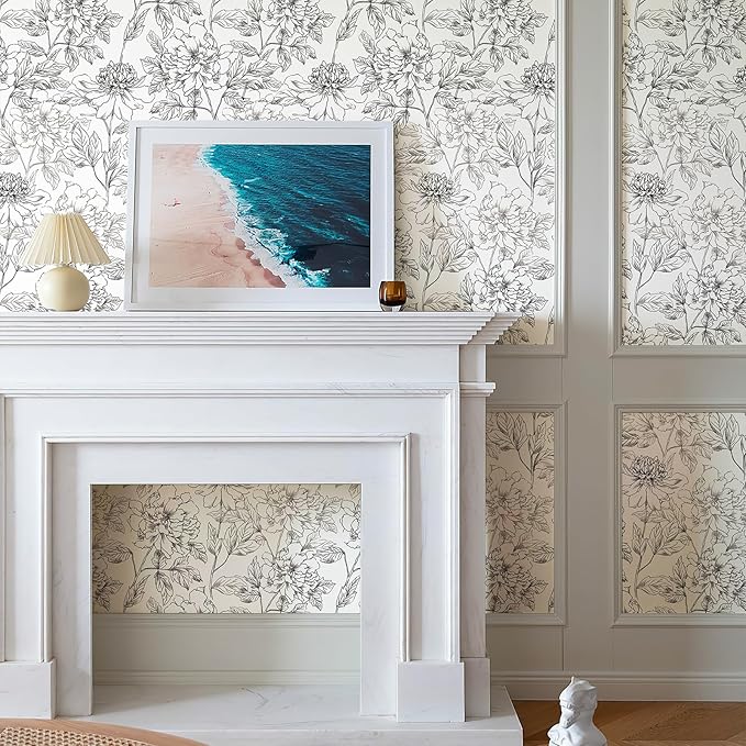JiffDiff Peel and Stick Wallpaper Black and White Floral Wall Paper 17.3" x