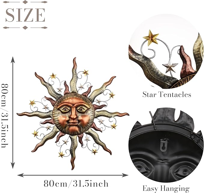 TERESA'S COLLECTIONS Sun Metal Wall Art for Outdoor Decor,32" Bronze Sun Face 3D Wall Decor for Garden Decor,Rustic Retro Hanging Sculpture for Outside Living Room Home Patio Farmhouse Gifts for Mom