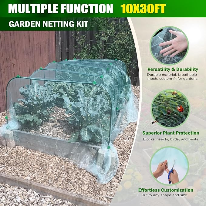 Garden Mesh Netting Kit, 10x30FT Green Ultra Fine Netting with 6 Sets Wide Garden Hoops & 18 Clips, Raised Garden Bed Netting with Frame, Row Cover, Plant Barrier for Vegetables Fruits