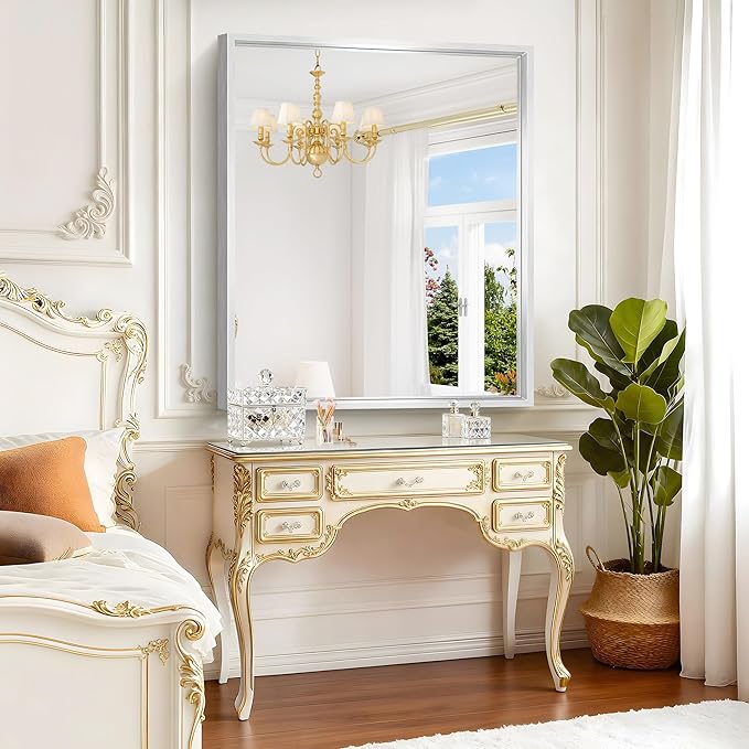 Silver Bathroom Mirror, 42 x 36 Inch Brushed Silver Rectangle Mirror