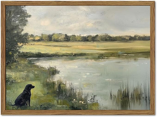 Framed Vintage Hunting Black Dog Wall Art, Rustic Country Nature Landscape