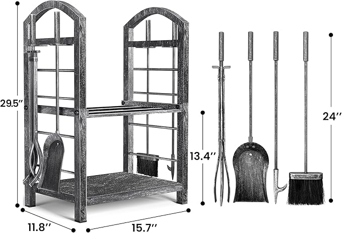 AMAGABELI GARDEN & HOME Firewood Rack Indoor with Tools 5-Piece Fireplace Tools Set Wood Holder Wrought Iron Log Holder Firewood Storage Rack for Fireplace,Fire Pit,Wood Stove Antique Silver