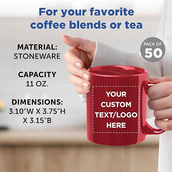 Custom Ceramic Coffee Mugs 11 oz. Set of 50, Personalized Bulk Pack - Coffee cup set, Iced coffee cup, Gaming mug - Red