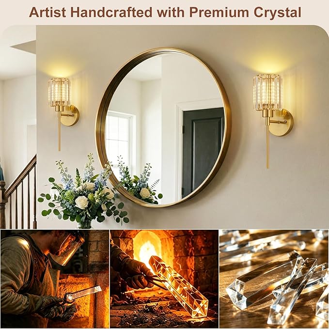 Crystal Battery Operated Wall Sconces, Brushed Gold Rechargeable Wireless Wall