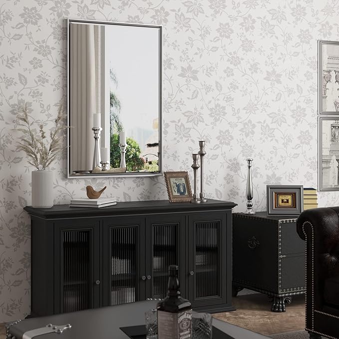 Silver Bathroom Mirror, 24x36 Inch Beveled Vanity Mirror