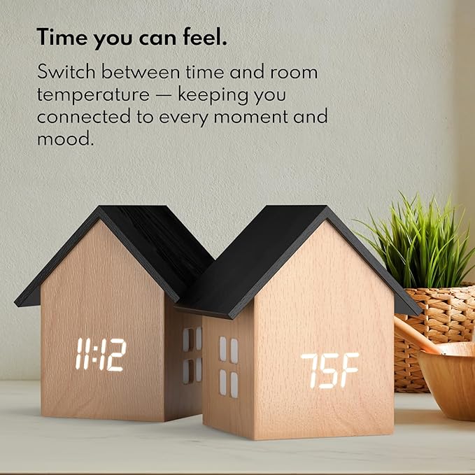 Driini Digital House-Shaped Alarm Clock with Temperature Display (Light Wood) – Modern Aesthetic - Cute Cube Frame and White LED Dimmer - Perfect Small Desk Clock for Bedside Table or Bedroom Mantle