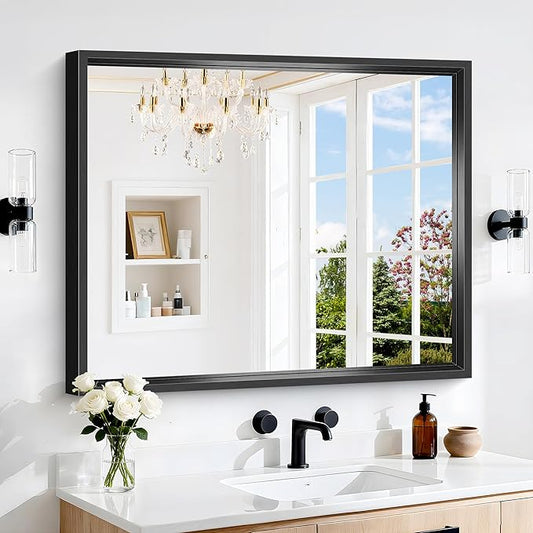 Black Bathroom Mirror, 36 x 30 Inch Brushed Black Rectangle Mirrors