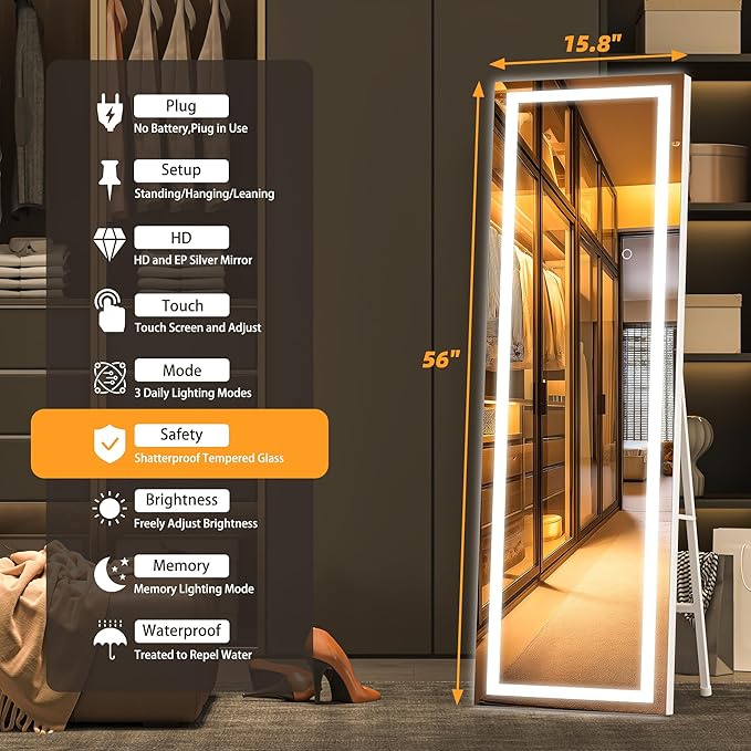 Hasipu Full Length Mirror with Lights, Full Body Dressing Standing, Hanging