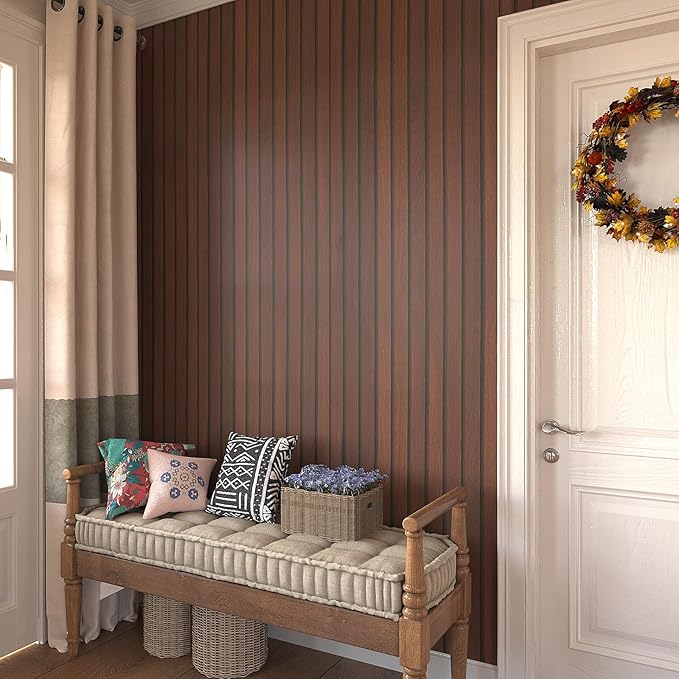VEELIKE Wide Dark Walnut Wood Slat Peel and Stick Wallpaper Wood Contact Paper