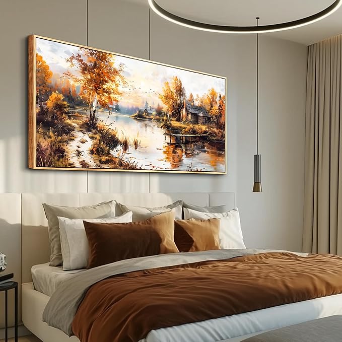QIYILEXWART Canvas Wall Art For Living Room Wall Decor For Bedroom Office Wall Decoration Lakeside Cabins Autumn Landscape Painting Farmhouse Pictures Artwork Room Aesthetic Home Decor 20x40 In