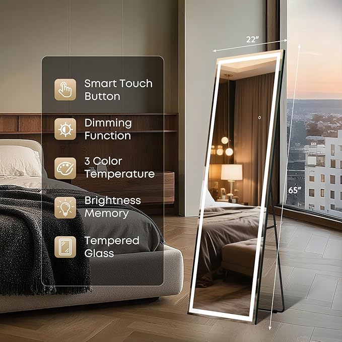 Kosmonia 65x22 Frameless Full Length Mirror, Dimmable 3 Color LED Light
